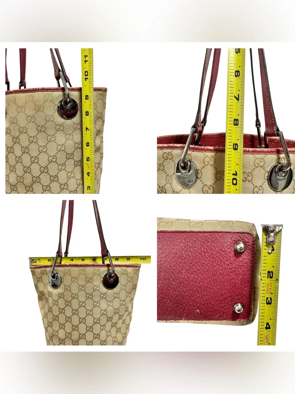 Gucci Eclipse Tan GG Monogram Canvas & Burgundy Red Leather Bucket Tote - Picture 10 of 14